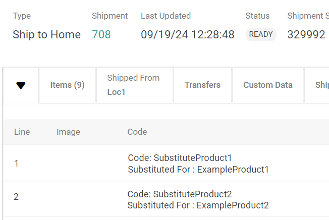 Shipment details with example substitutions