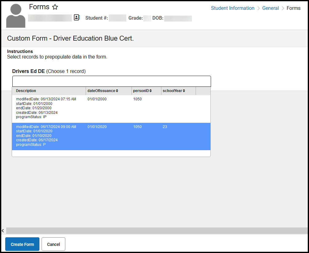 Screenshot of the Custom Form Record Selection