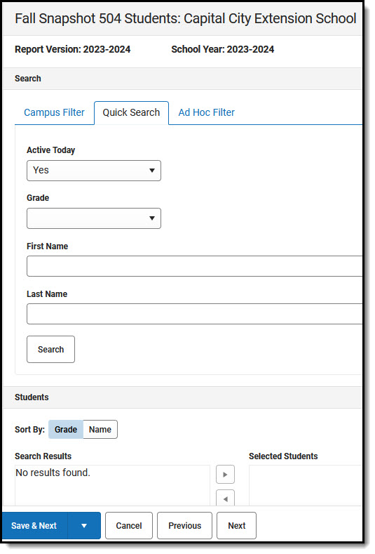 Screenshot showing quick search options for 504 students.