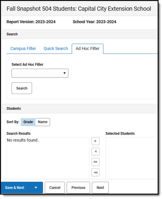 Screenshot showing Ad Hoc Filter options for 504 students.