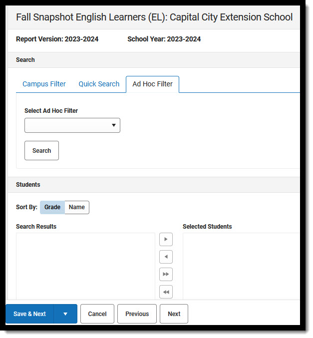 Screenshot showing Ad Hoc Filter options for English Learners.