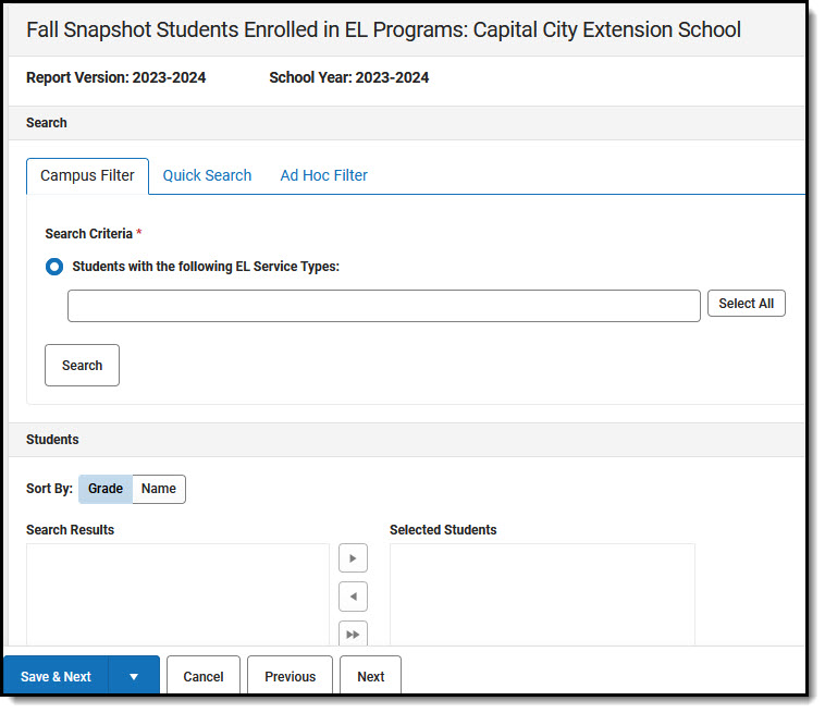 Screenshot showing Campus Filter options for students enrolled in EL programs.