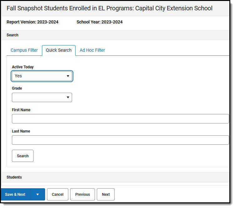 Screenshot of Quick Search options for students enrolled in EL programs.