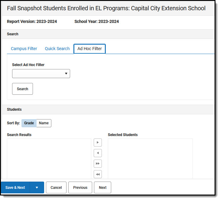 Screenshot showing ad hoc filter options for students enrolled in EL programs.