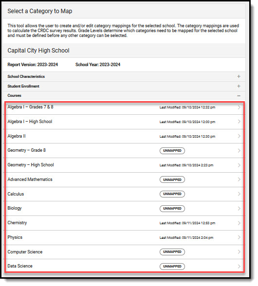 Screenshot displaying Select a Category to Map with a callout around courses. Screenshot of course mappings tool in CRDC tooling with courses that can be mapped highlighted.