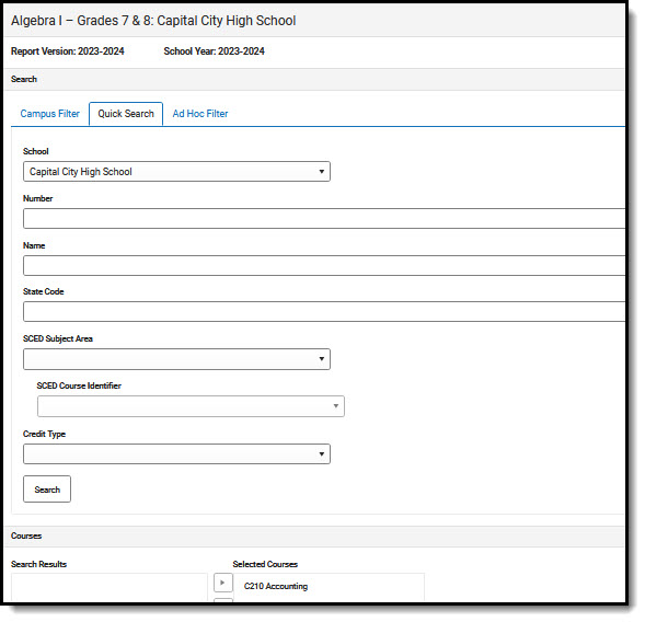 Screenshot of Quick Search options for Course Mapping.