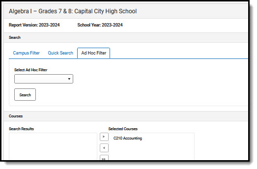 Screenshot of Ad Hoc Filter options for Course Mapping.