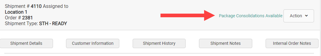 Shipment details with a callout for the Package Consolidations link
