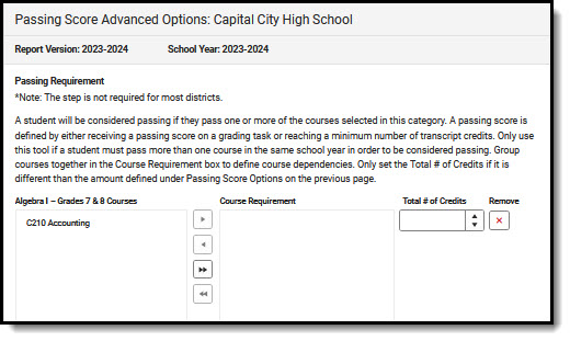 Screenshot of Passing Score Advanced Options Editor. 