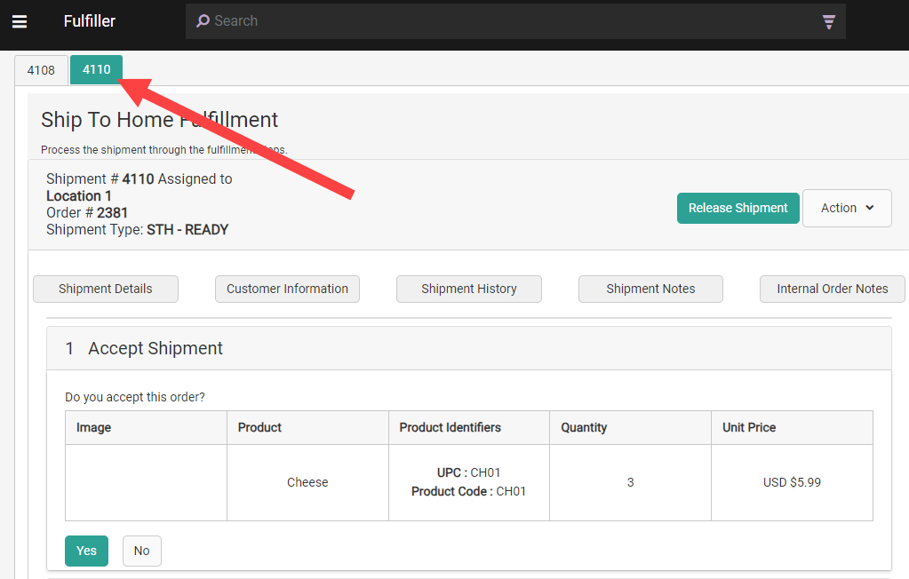 The tabbed view for shipments in a consolidation group