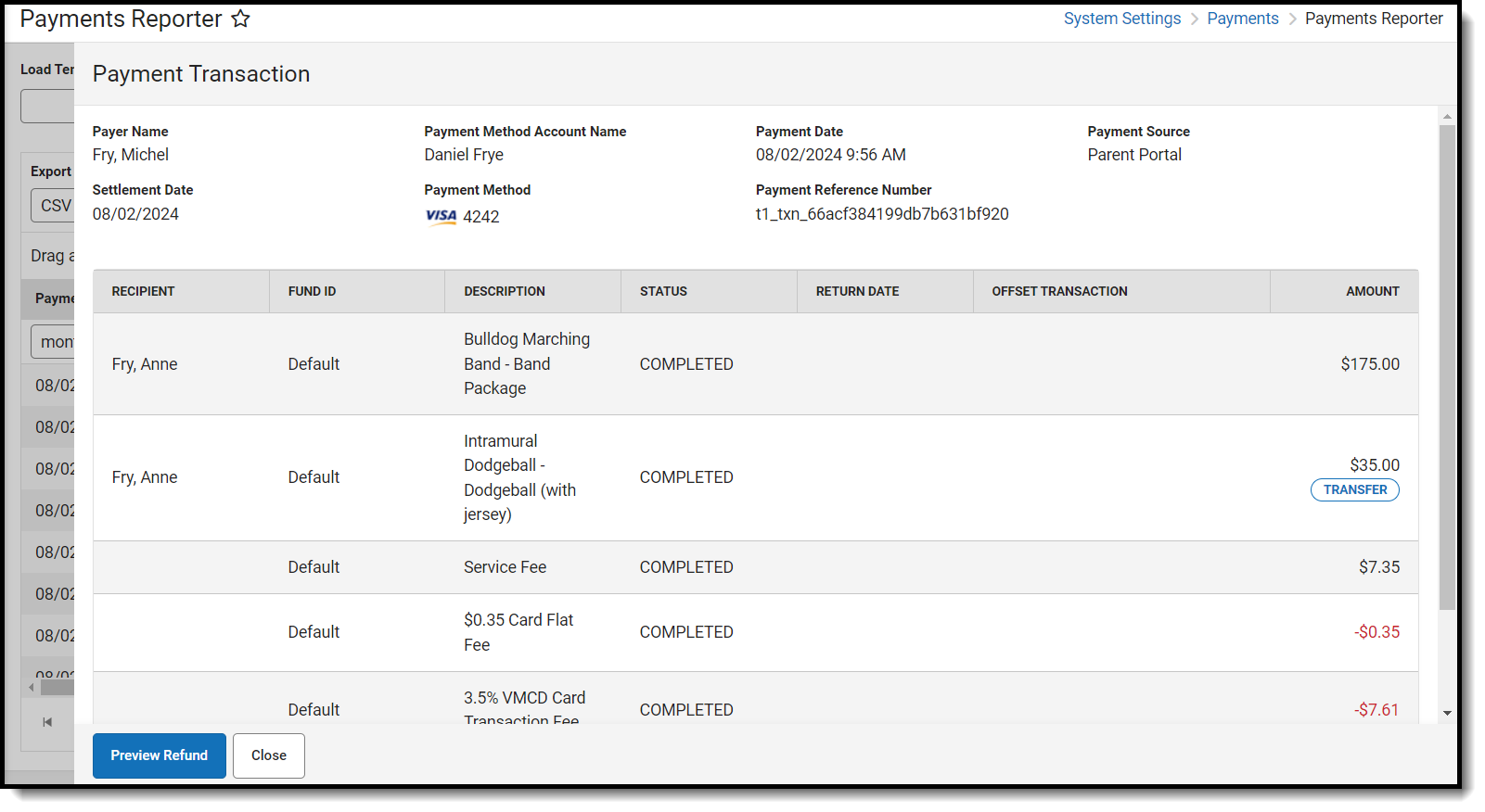 Screenshot of details of a single transaction