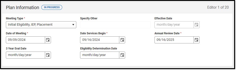 Screenshot of the Plan Information Editor.