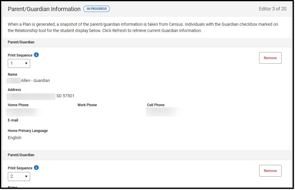 Screenshot of the Parent/Guardian Information Editor.