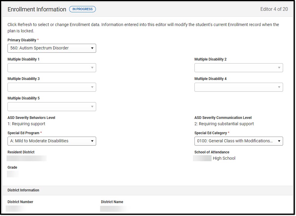 Screenshot of the Enrollment Information Editor.