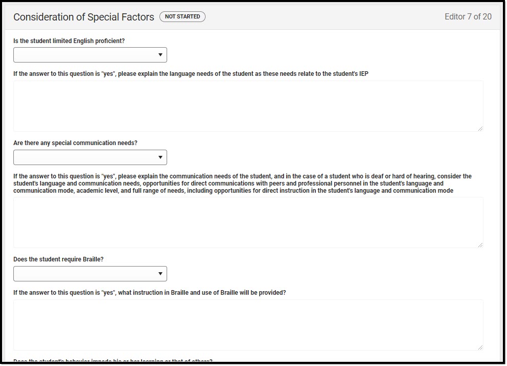 Screenshot of the Consideration of Special Factors Editor.