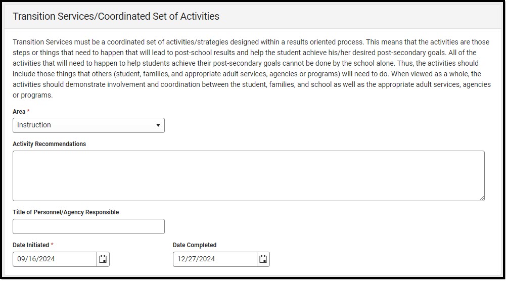 Screenshot of the Transition Services/Coordinated Set of Activities Detail Screen.