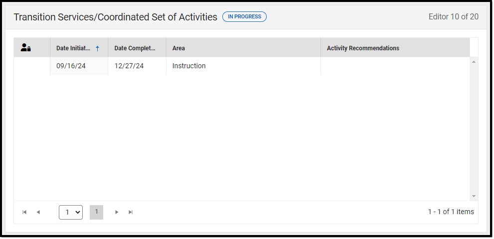 Screenshot of the Transition Services/Coordinated Set of Activities List Screen.