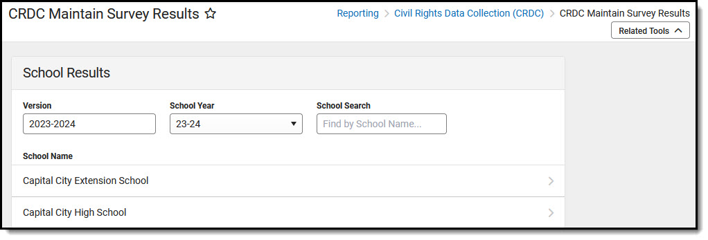 Screenshot of Maintain Survey Results tool for 2021-2022 with school search and school names.