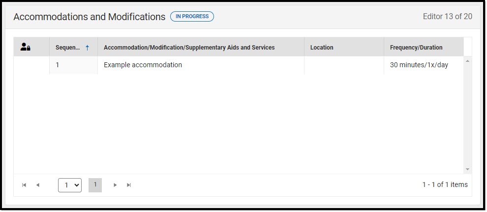 Screenshot of the Accommodations and Modifications List Screen.