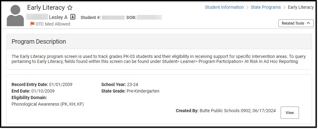 Screenshot of the Montana Early Literacy List Screen displaying one program record.