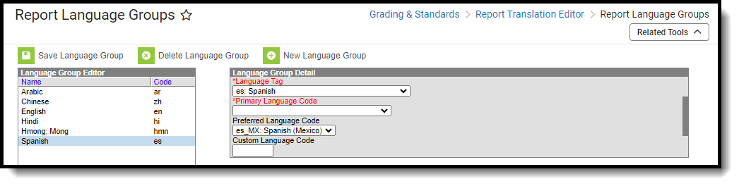 Image of the Report Language Group tool with Chinese selected