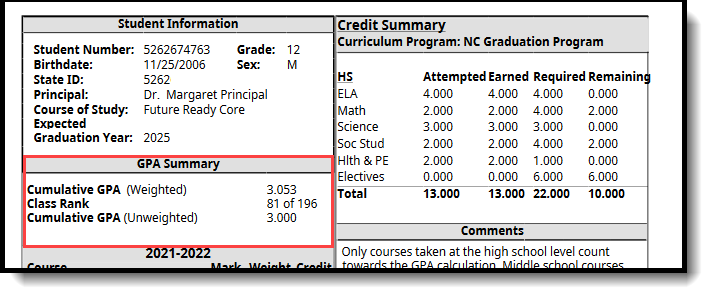 Screenshot of the GPA Summary section on the student Transcript Report. 