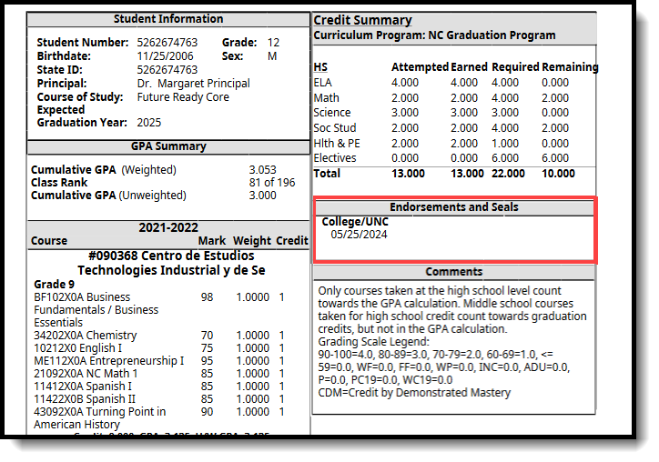 Screenshot of the Endorsements and Seals section on the Transcript report. 