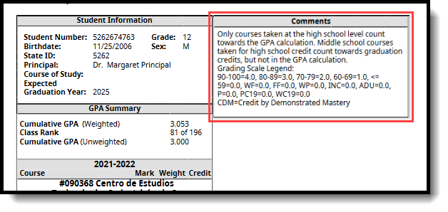 Screenshot of the School Comment that displays for North Carolina schools. 