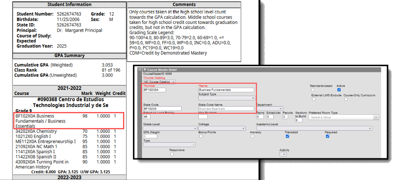 Screenshot of the course code name on the transcript and the course master editor showing a different local course name. 