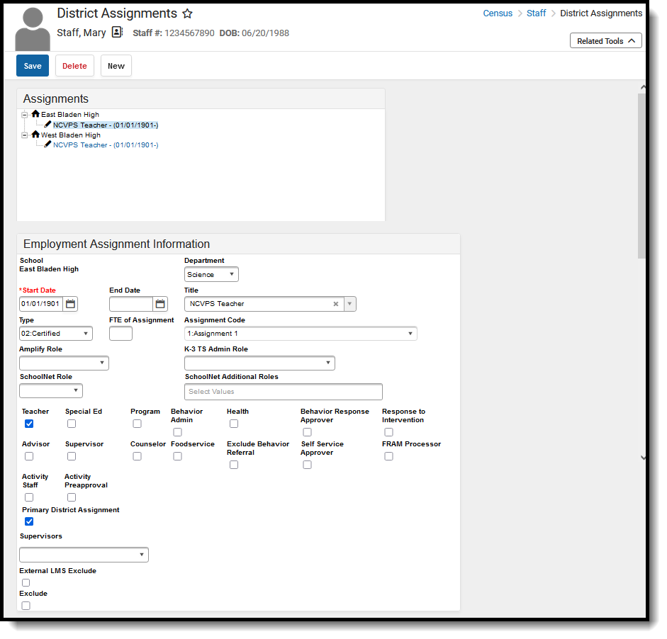 Screenshot of the District Assignment editor, located at Census, Staff.  