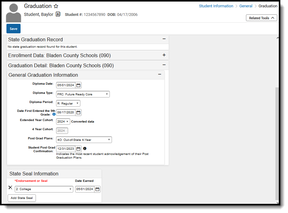 Screenshot of the student's Graduation record, located at Student Information, General. 