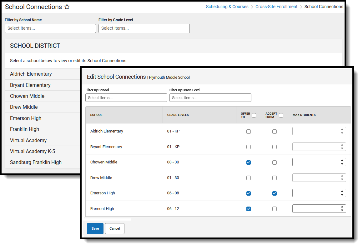 Screenshot of the School Connections tool, located at Scheduling & Courses, Cross-Site Enrollment