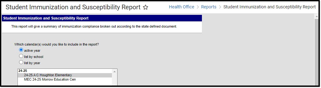 Screenshot of the calendar selection portion of the Student Immunization and Susceptibility Report Editor.