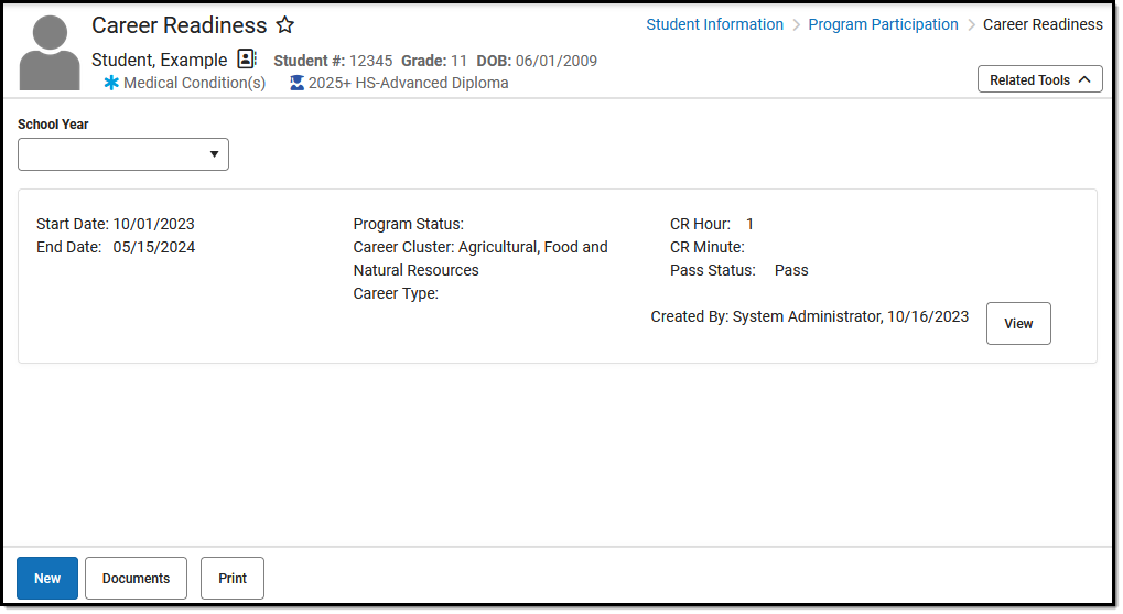 Screen shot showing where Career Readiness records can be viewed, added, modified, or printed.