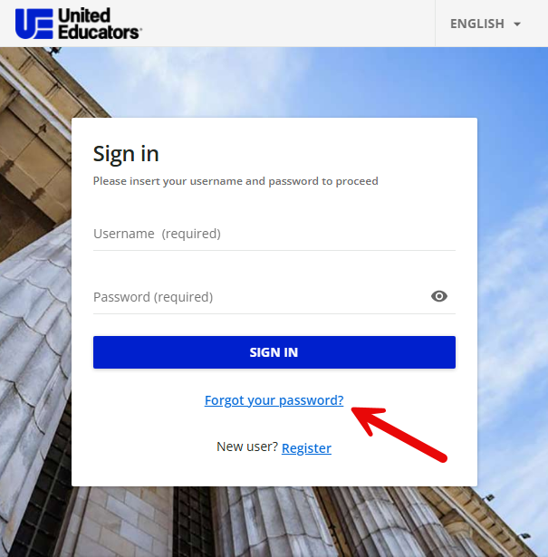 screenshot of the united educators login page with a red arrow pointing to the 