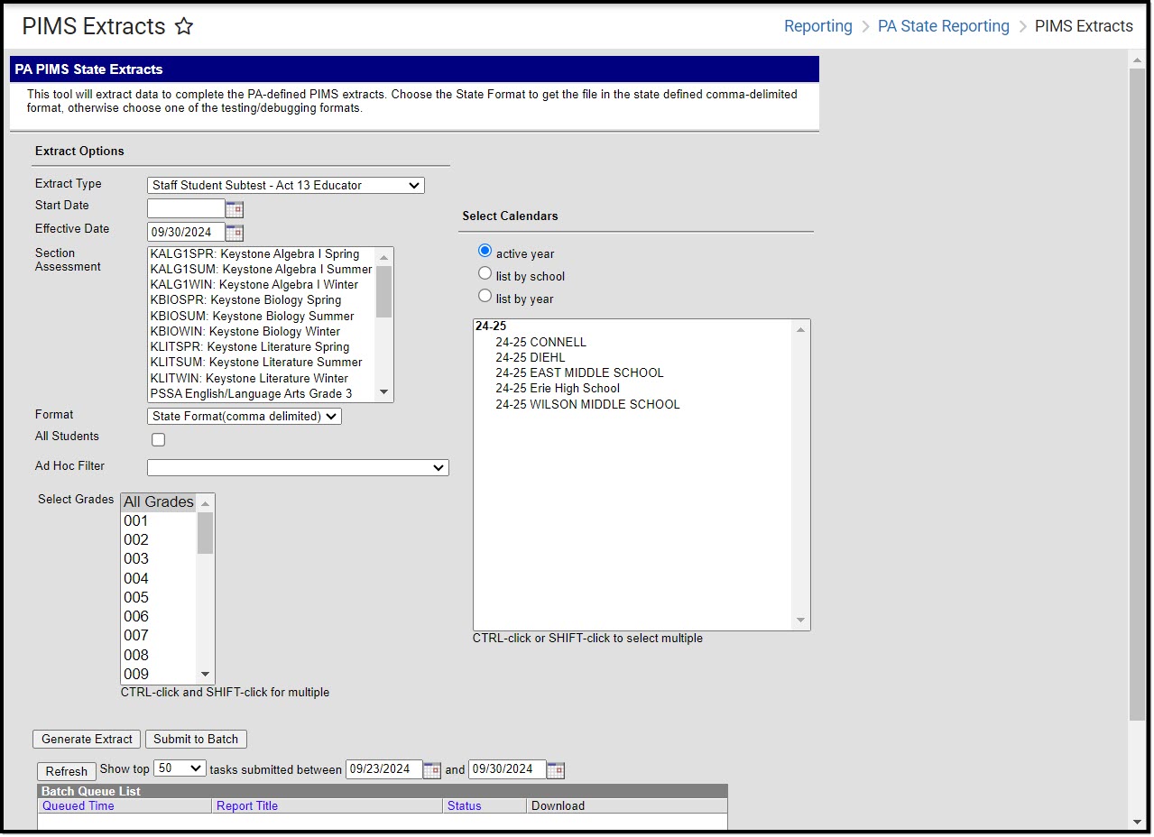 Screenshot of the PIMS Staff Student Subtest - Act 13 Educator Extract Editor.