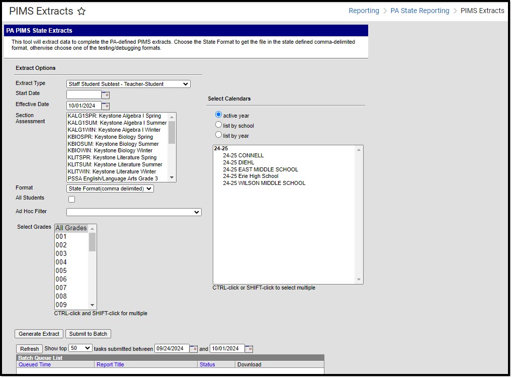 Screenshot of the PIMS Staff Student Subtest - Teacher-Student Extract Editor.