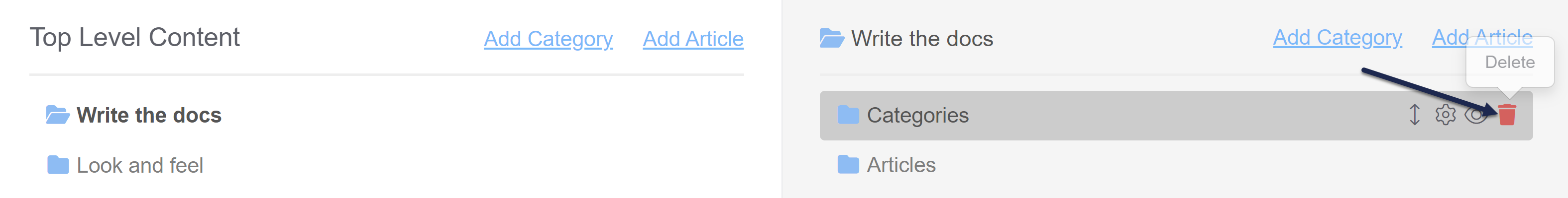 The Articles page. The Write the docs category from the Top Level Content displays its subcategories in the right pane. An arrow points to the trashcan icon next to the category called Categories.