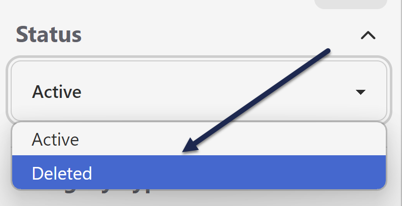 The category editor Status section. The status dropdown is expanded and an arrow points to the Deleted option within the dropdown.