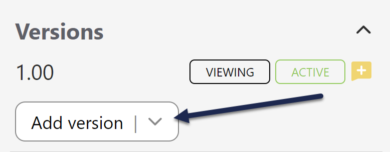 The Versions section of the article editor. A single version of 1.00 is listed. An arrow points to the 