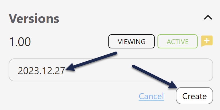 The Versions section of the article editor. The custom version text box contains version number 2023.12.27. An arrow points to this box and to the Create button near it.