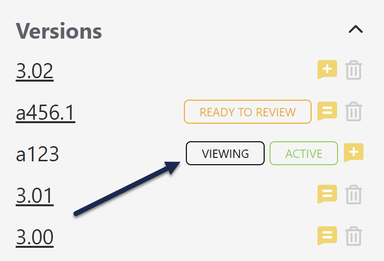 The Versions section of the article editor. Five versions are displayed. One is not hyperlinked and has a black Viewing badge next to it. An arrow points to the badge.