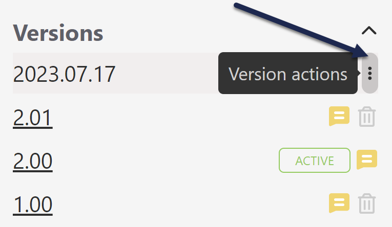 The Versions section of the article editor. An arrow points to the triple dot Version actions menu.