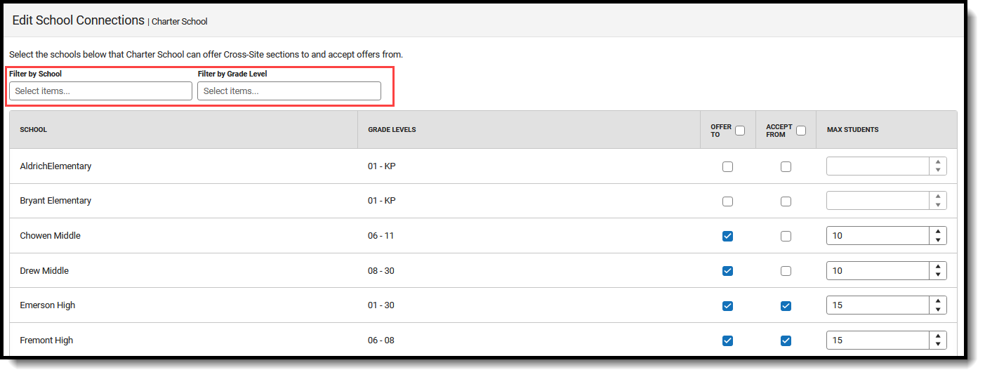 Screenshot of the School Connections tool, with the Filter by School and Filter by Grade Level fields highlighted.