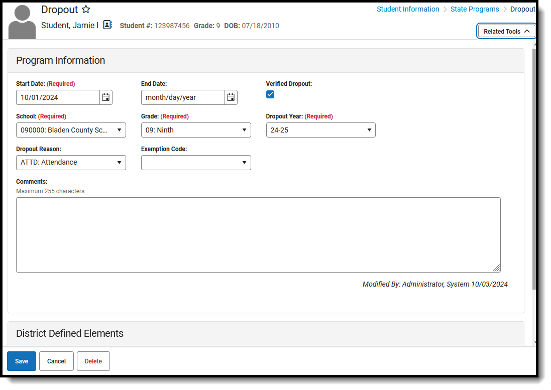 Screenshot of the Dropout Program record, located at Student Information, State Programs. 