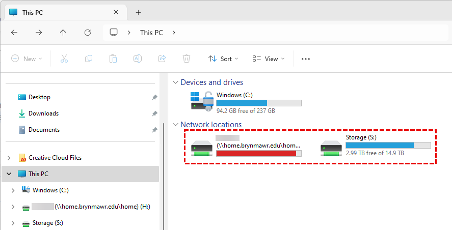 screenshot of file explorer with a red box around two network drives