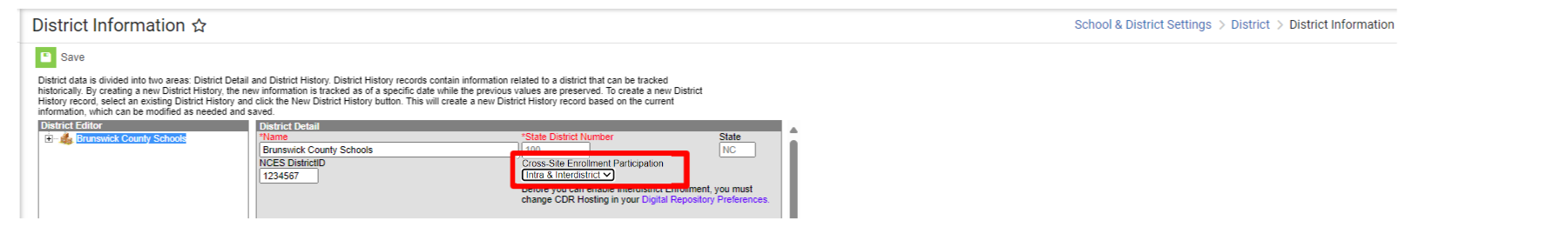 Screenshot of the District Information Page with the Cross-Site Enrollment Participation field highlighted