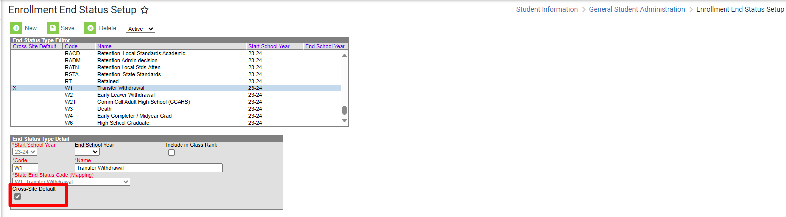 Screenshot of the Enrollment End Status Setup Page with the Cross-Site Default field highlighted