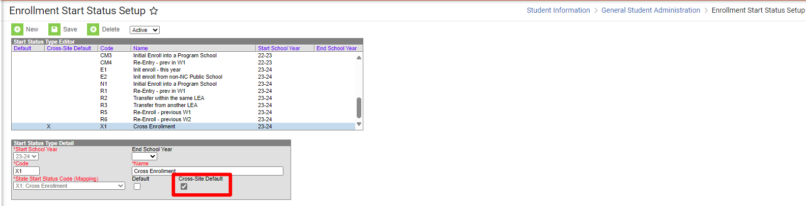 Screenshot of the Enrollment Start Status Setup Page with the Cross-Site Default field highlighted