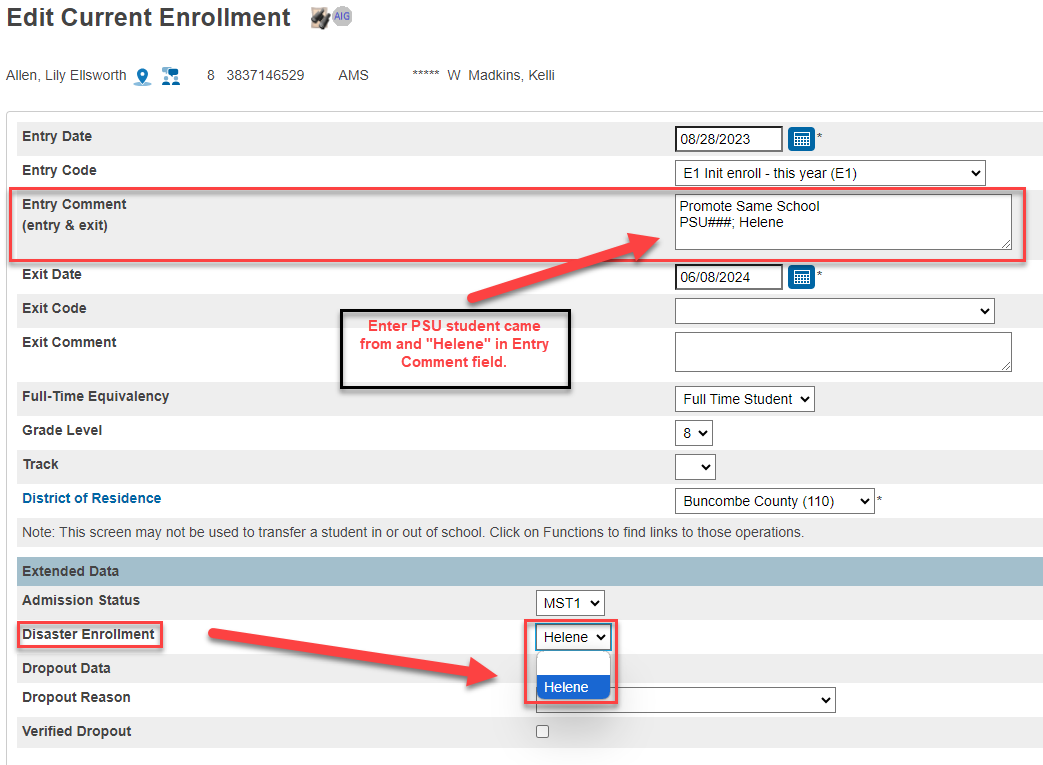 PowerSchool Enrollment detail entering previous enrollment with original PSU and Disaster enrollment choice.